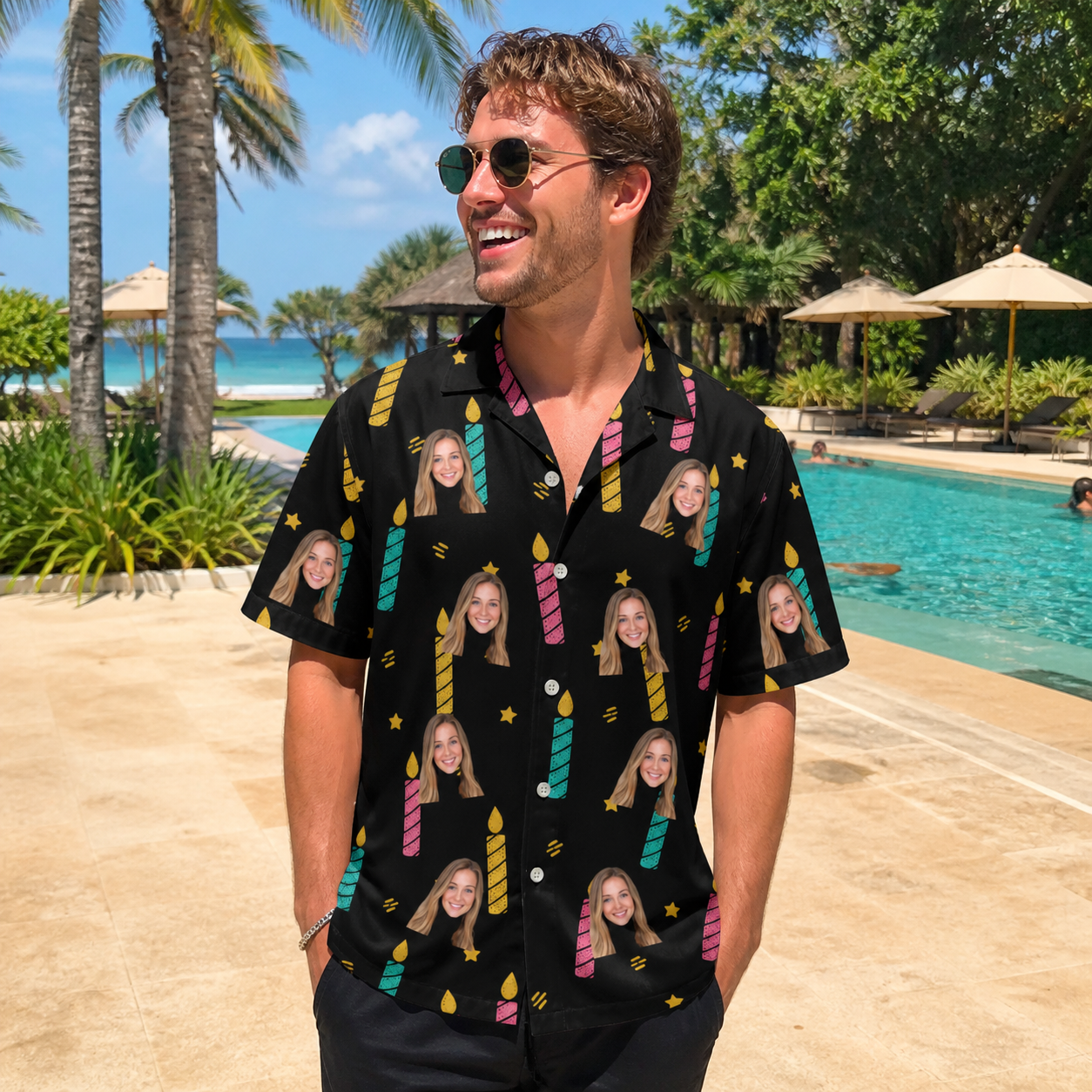 Real-life photo of someone wearing Men's Wick Winks Custom Face Hawaiian Shirt — custom faces printed all-over