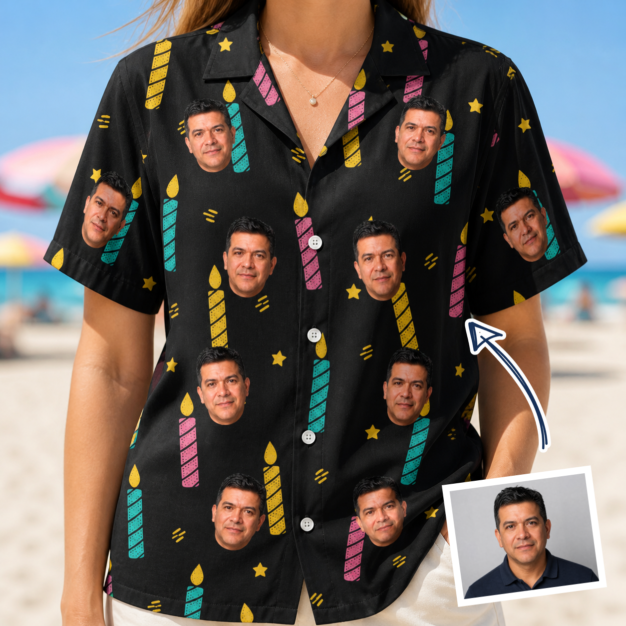 Woman wearing Women's Wick Winks Custom Face Hawaiian Shirt — custom faces printed all-over
