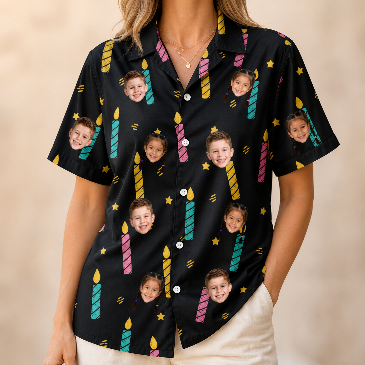 Model wearing Women's Wick Winks Custom Face Hawaiian Shirt printed with kids' faces
