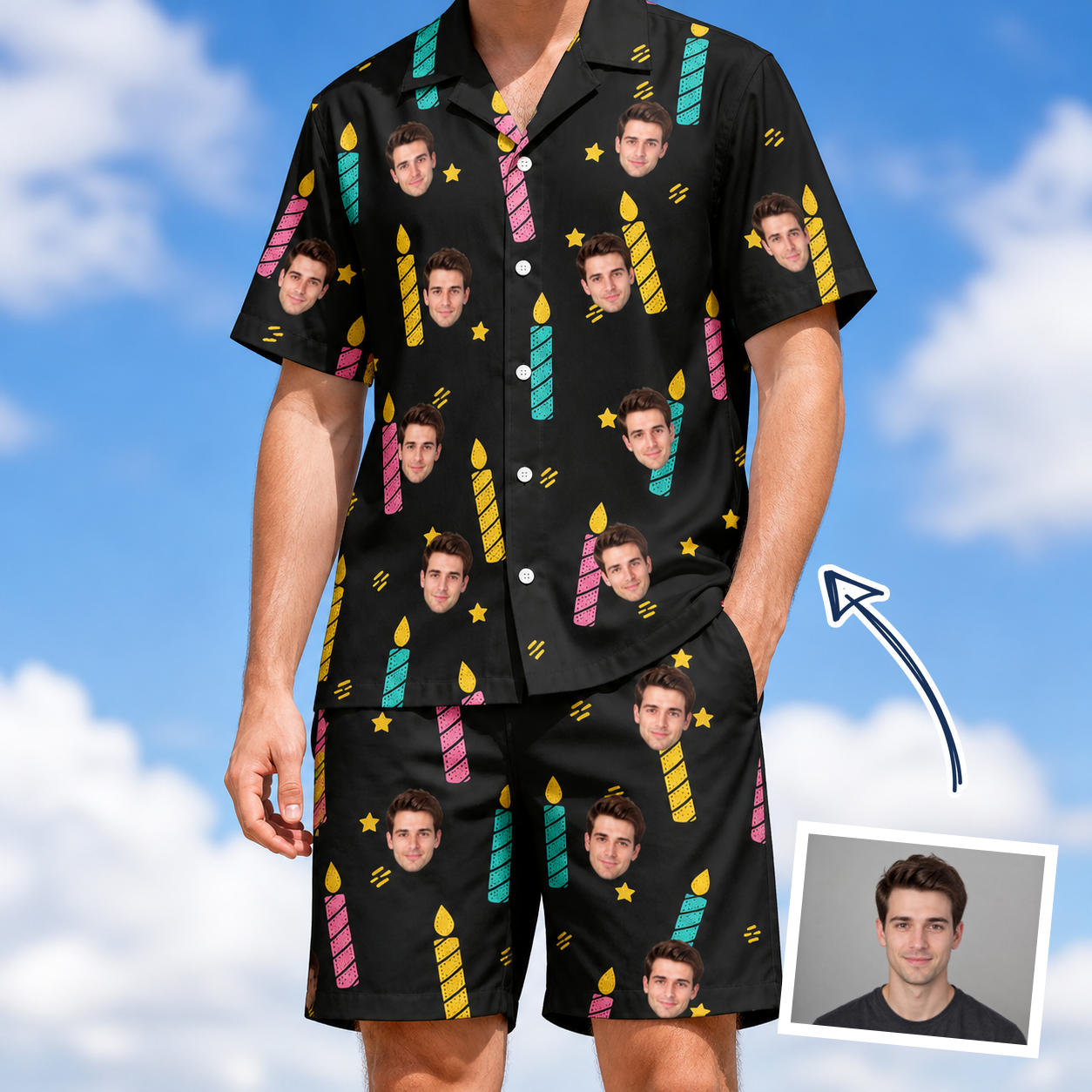 Man wearing Men's Wick Winks Custom Face Shirt & Shorts Set — custom faces printed all-over
