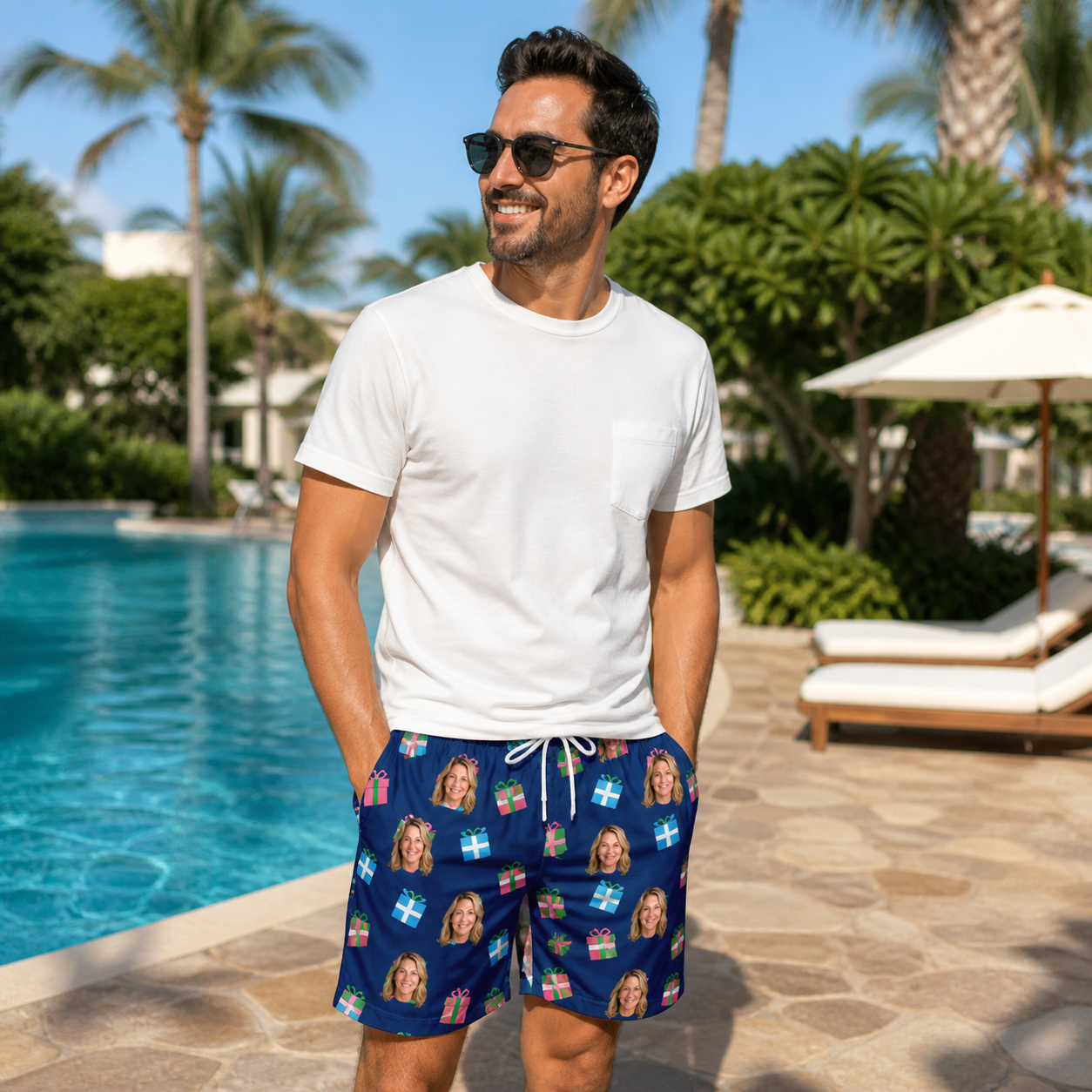Real-life photo of someone wearing Men's Surprise Stacks Custom Face Beach Shorts — custom faces printed all-over