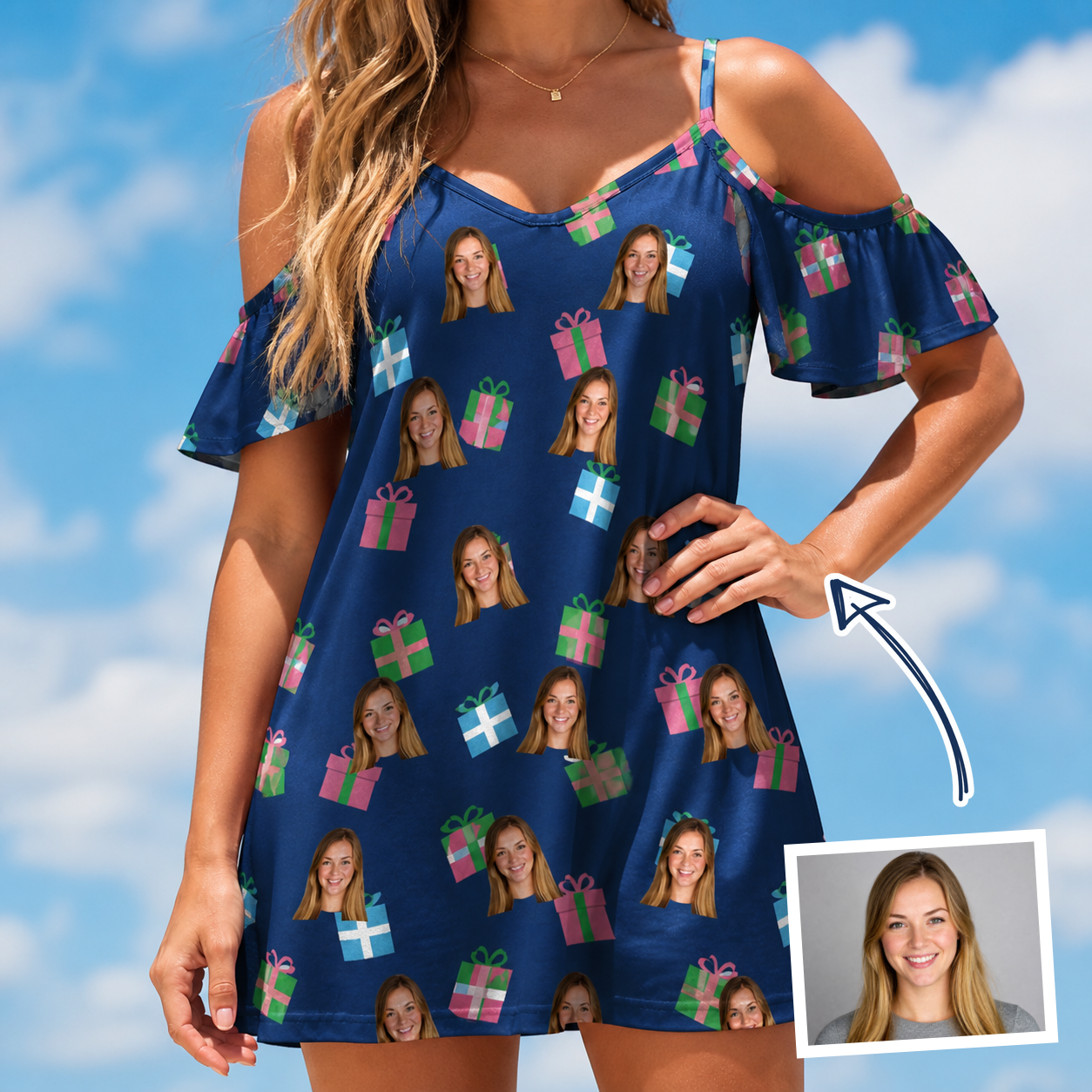 Woman wearing Women's Surprise Stacks Custom Face Off-Shoulder Dress — custom faces printed all-over