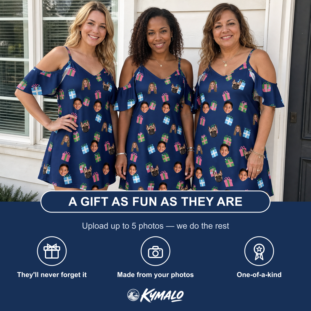 Friends in matching Women's Surprise Stacks Custom Face Off-Shoulder Dress — a group gift photo
