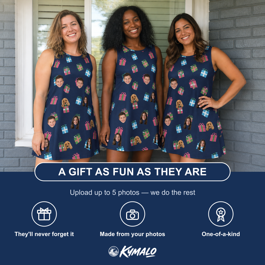 Friends in matching Women's Surprise Stacks Custom Face Tank Dress — a group gift photo