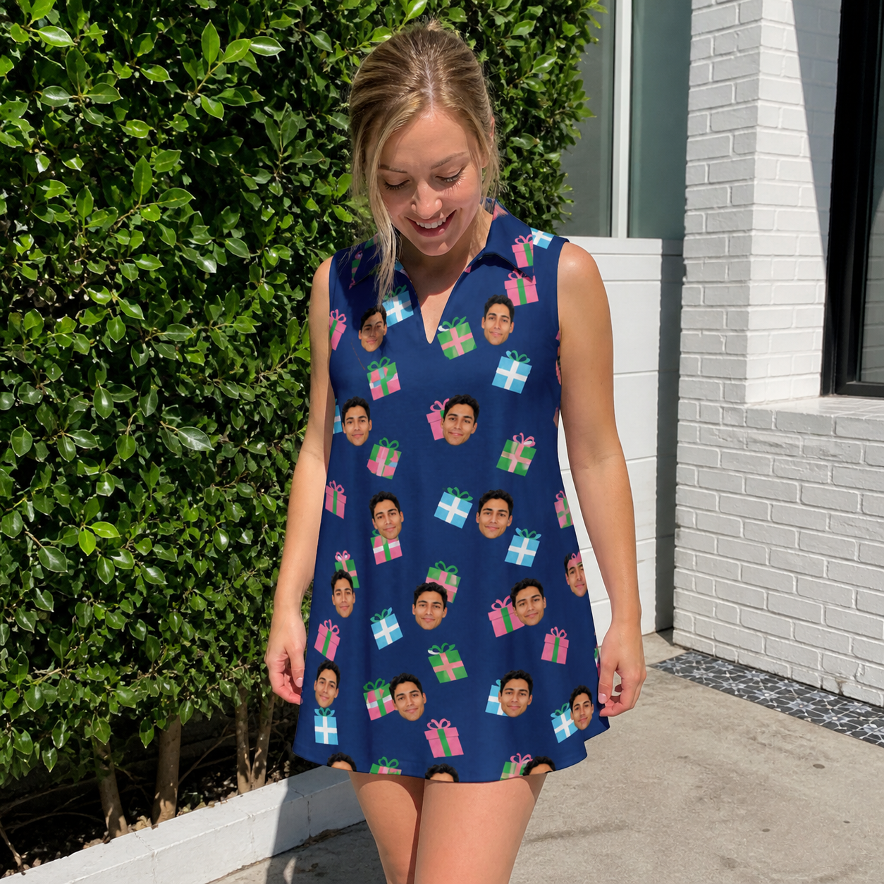 Real-life photo of someone wearing Women's Surprise Stacks Custom Face V-Neck Dress — custom faces printed all-over