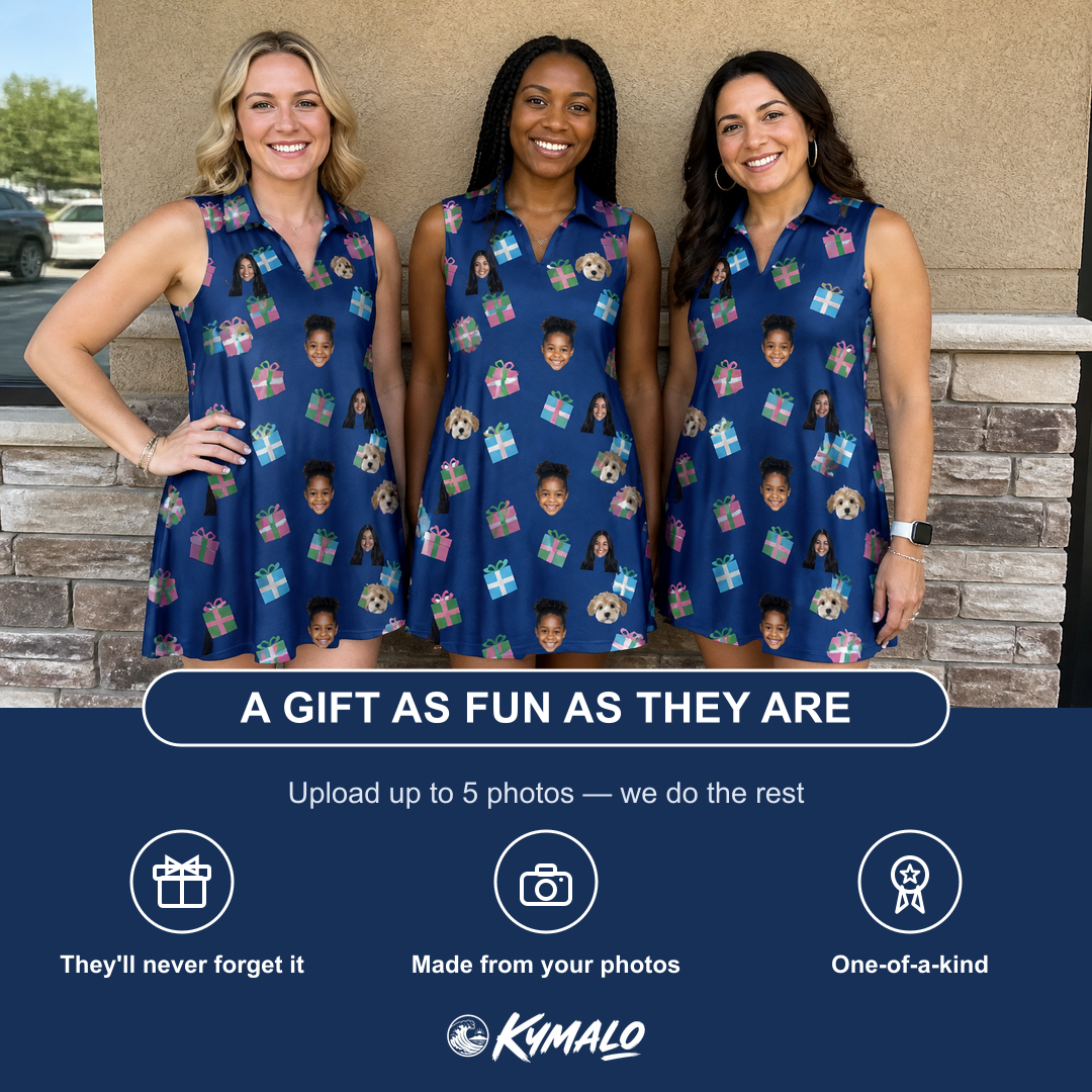 Friends in matching Women's Surprise Stacks Custom Face V-Neck Dress — a group gift photo