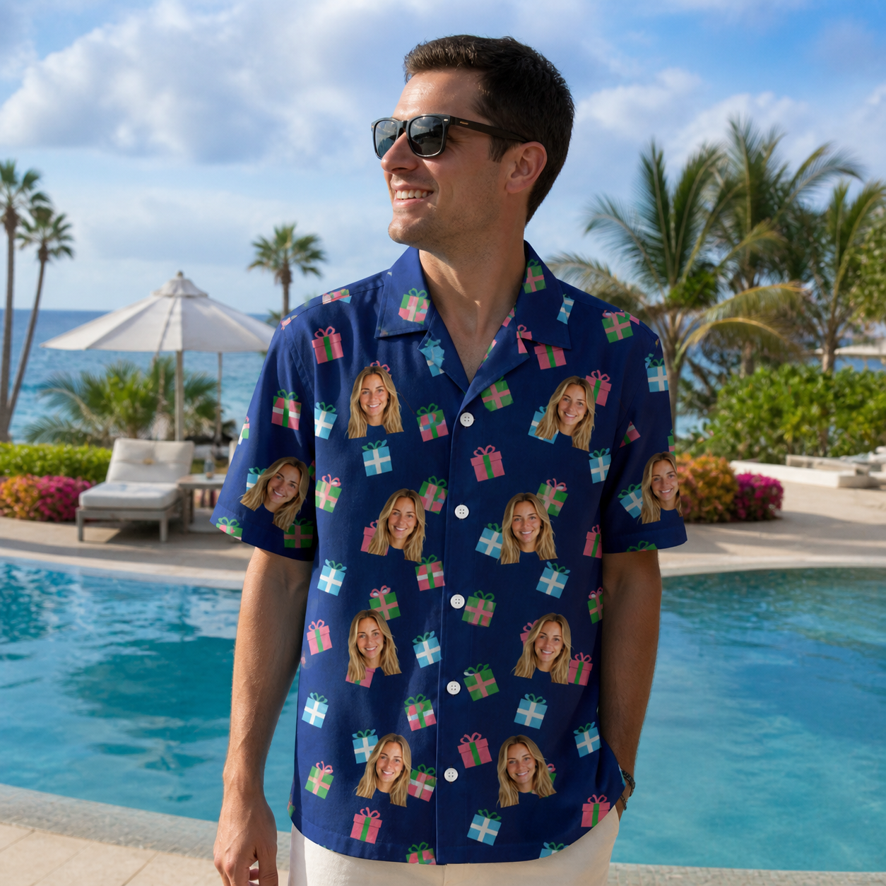 Real-life photo of someone wearing Men's Surprise Stacks Custom Face Hawaiian Shirt — custom faces printed all-over
