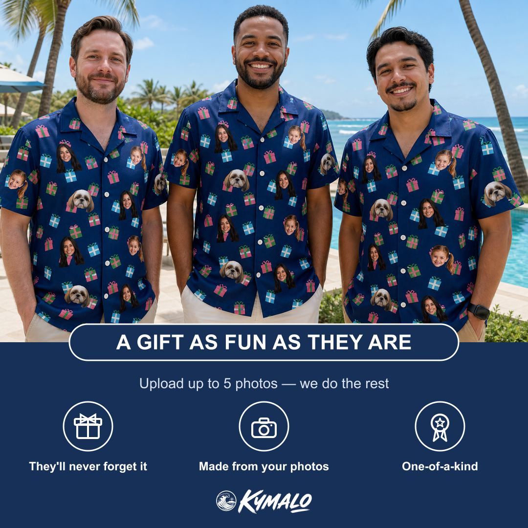 Friends in matching Men's Surprise Stacks Custom Face Hawaiian Shirt — a group gift photo