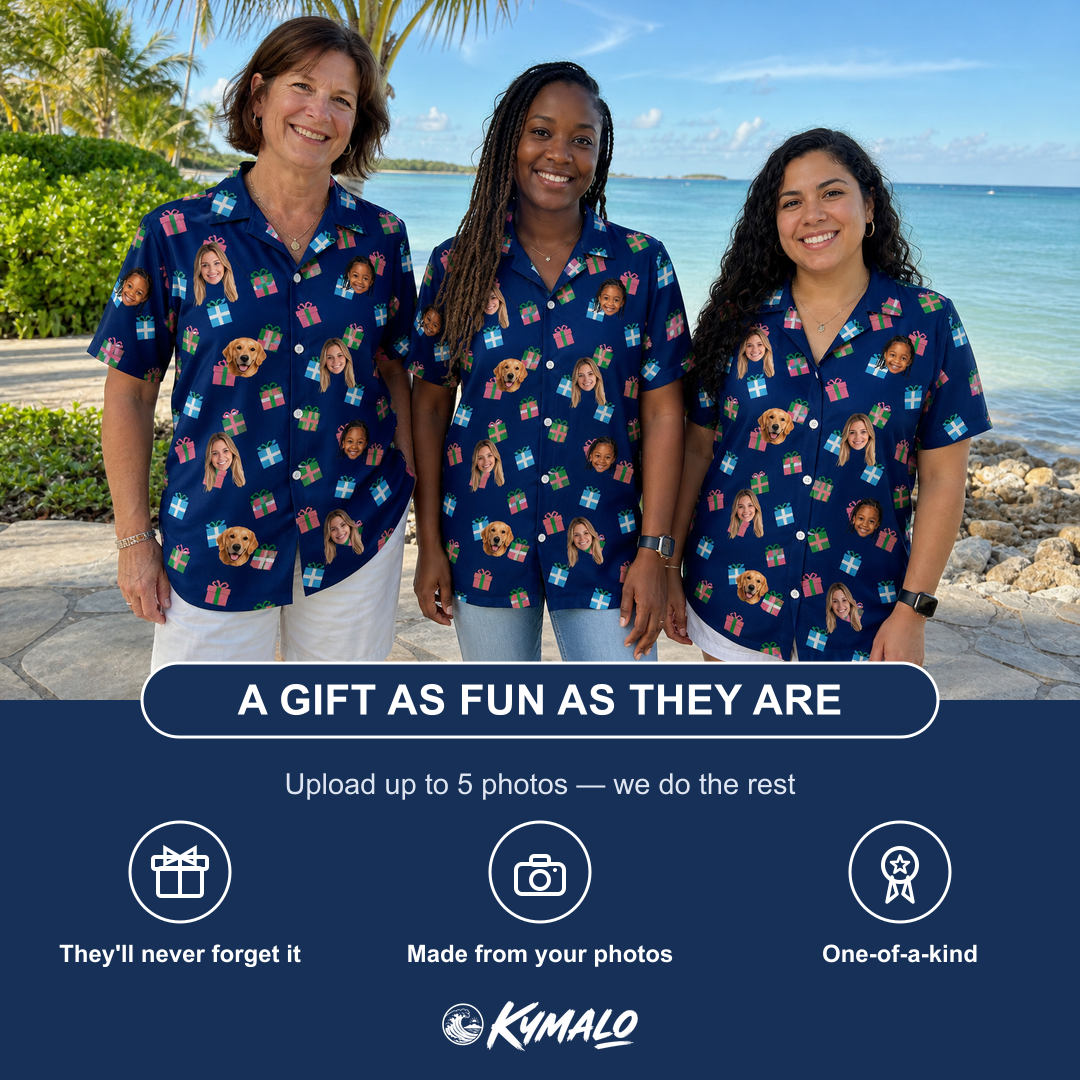Friends in matching Women's Surprise Stacks Custom Face Hawaiian Shirt — a group gift photo