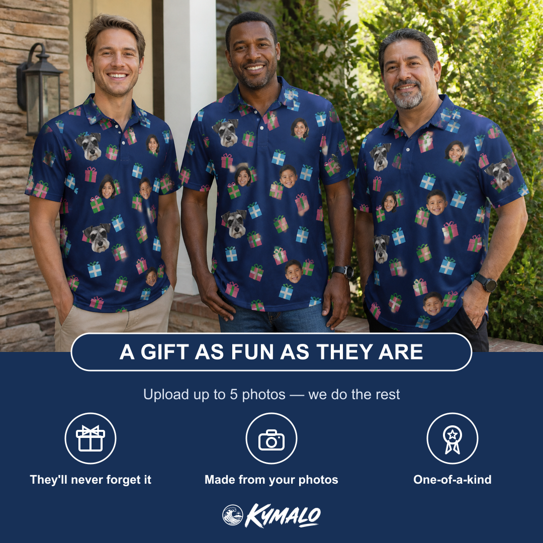 Friends in matching Men's Surprise Stacks Custom Face Polo Shirt — a group gift photo