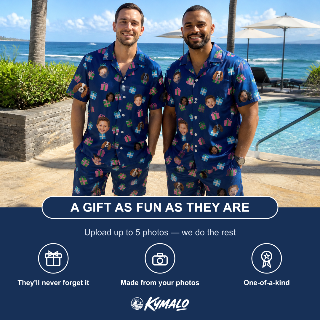 Friends in matching Men's Surprise Stacks Custom Face Shirt & Shorts Set — a group gift photo