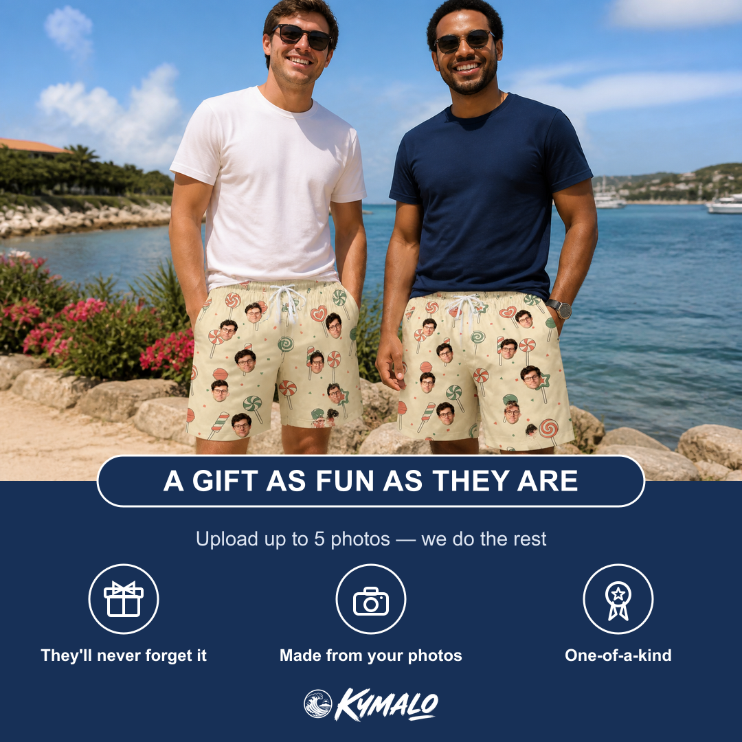 Friends in matching Men's Candy Constellation Custom Face Beach Shorts — a group gift photo
