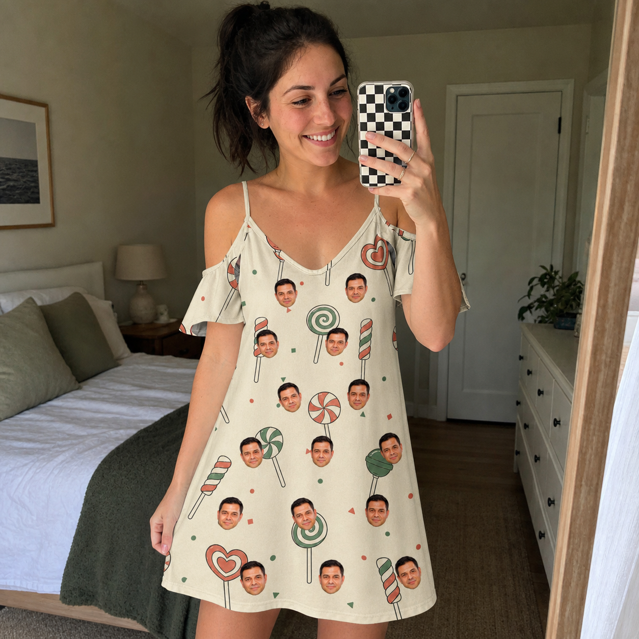 Real-life photo of someone wearing Women's Candy Constellation Custom Face Off-Shoulder Dress — custom faces printed all-over