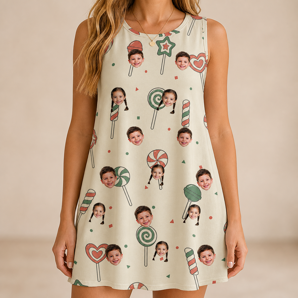 Model wearing Women's Candy Constellation Custom Face Tank Dress printed with kids' faces