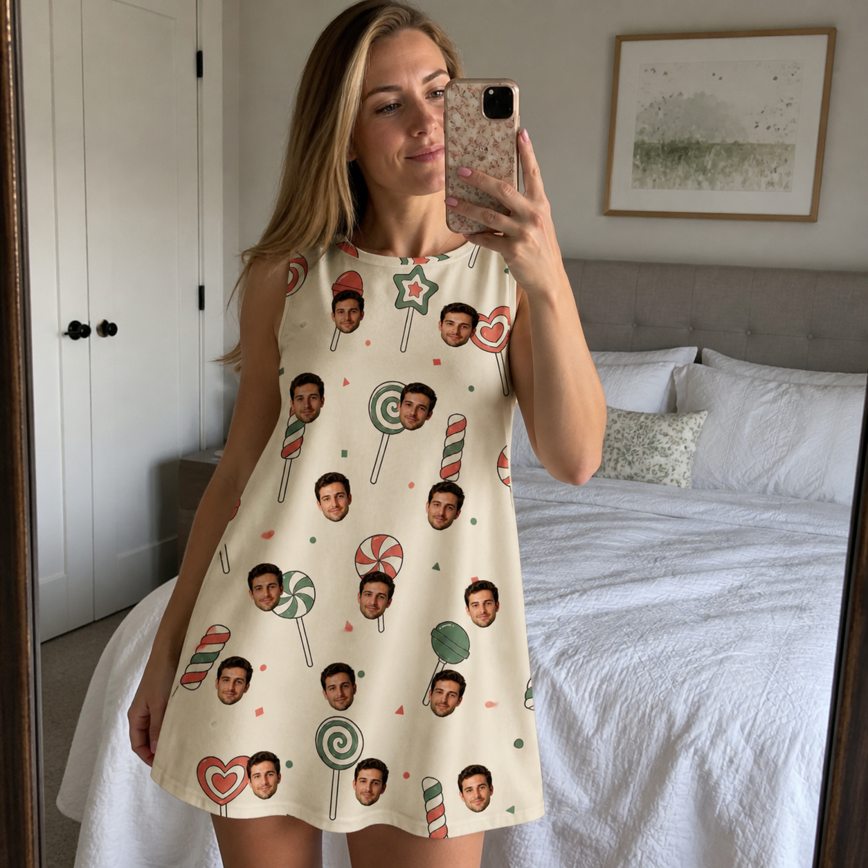 Real-life photo of someone wearing Women's Candy Constellation Custom Face Tank Dress — custom faces printed all-over