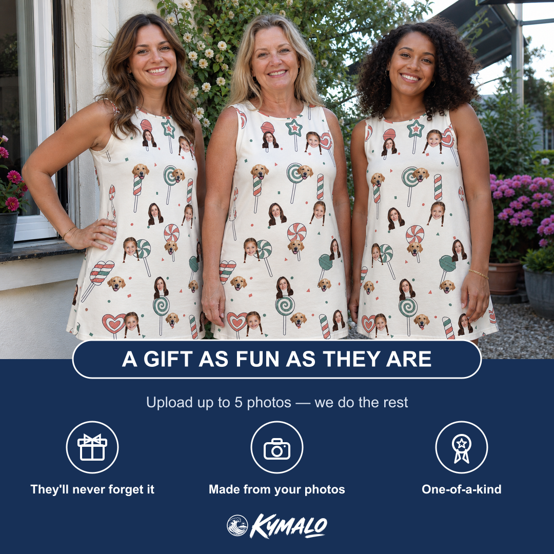 Friends in matching Women's Candy Constellation Custom Face Tank Dress — a group gift photo