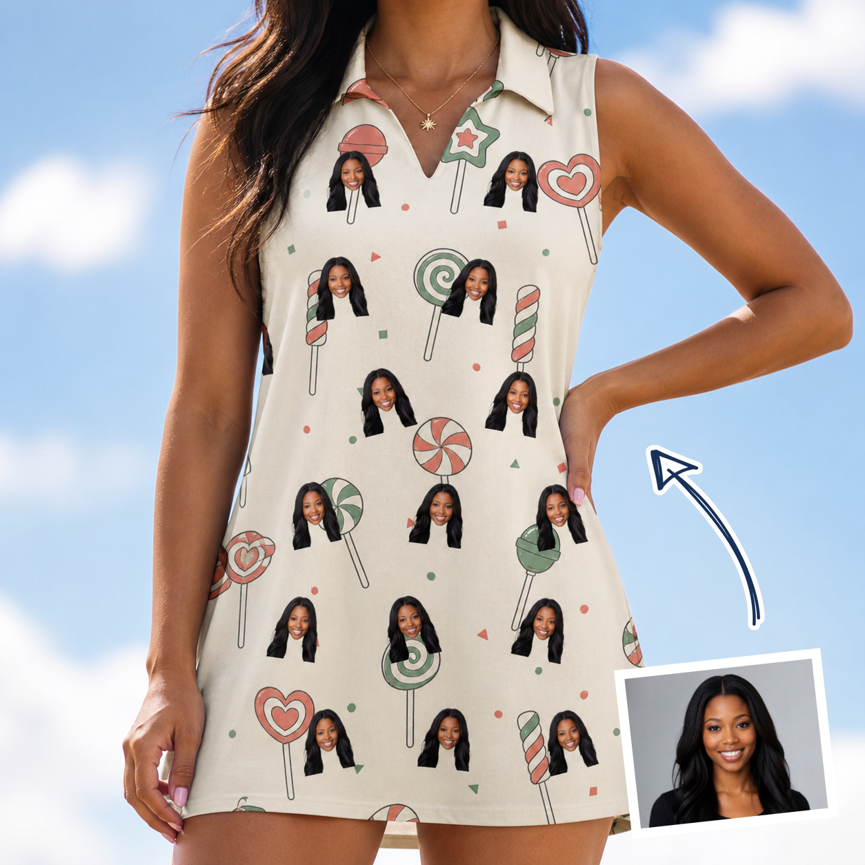 Woman wearing Women's Candy Constellation Custom Face V-Neck Dress — custom faces printed all-over