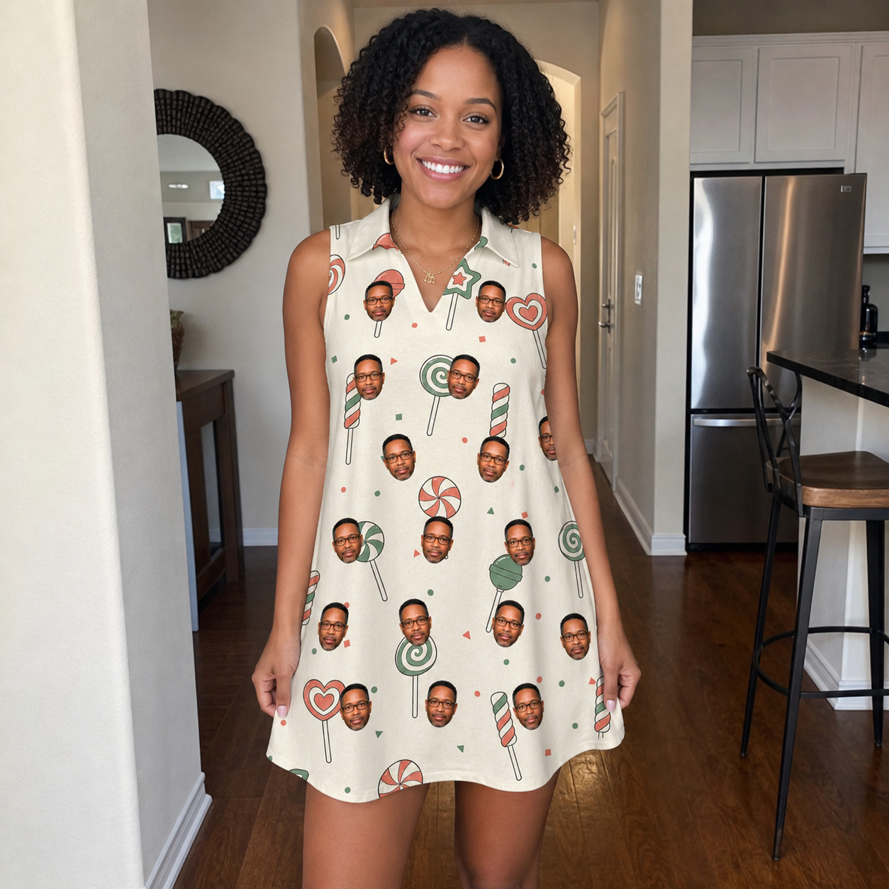 Real-life photo of someone wearing Women's Candy Constellation Custom Face V-Neck Dress — custom faces printed all-over