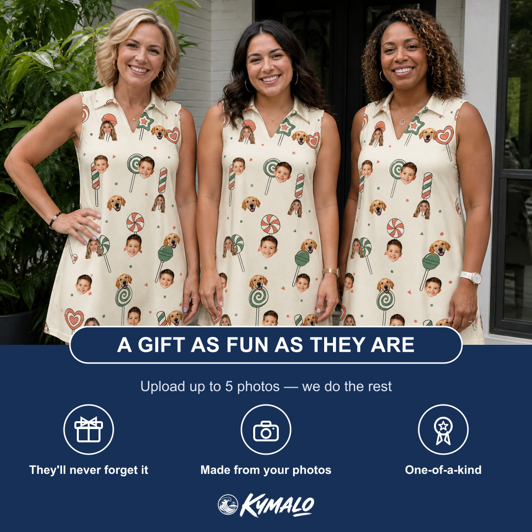 Friends in matching Women's Candy Constellation Custom Face V-Neck Dress — a group gift photo