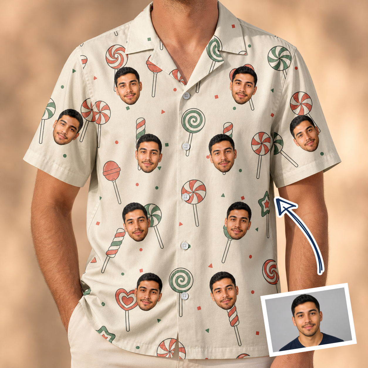 Man wearing Men's Candy Constellation Custom Face Hawaiian Shirt — custom faces printed all-over