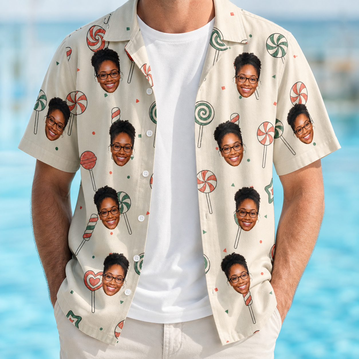 Man wearing Men's Candy Constellation Custom Face Hawaiian Shirt open over a white tee