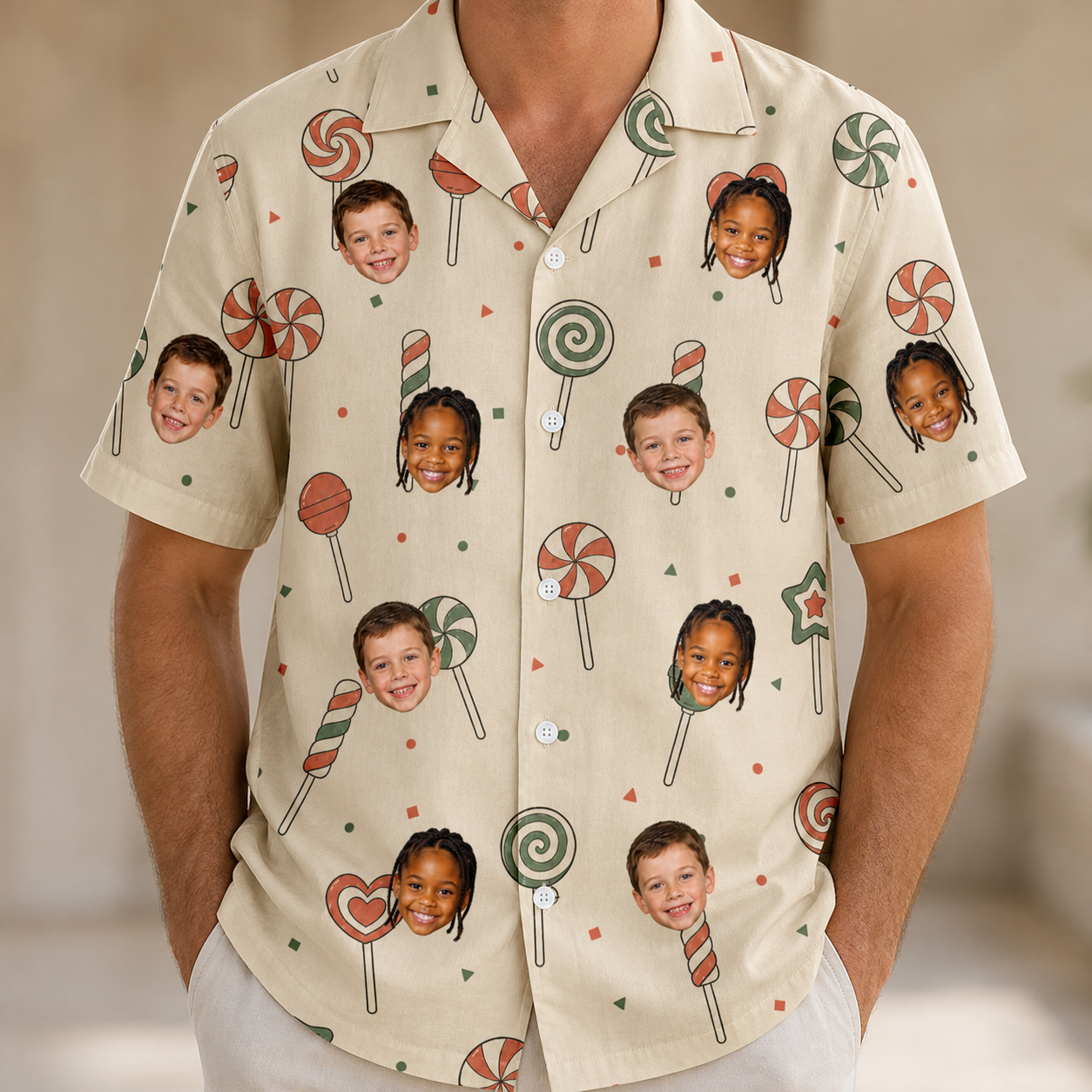 Model wearing Men's Candy Constellation Custom Face Hawaiian Shirt printed with kids' faces