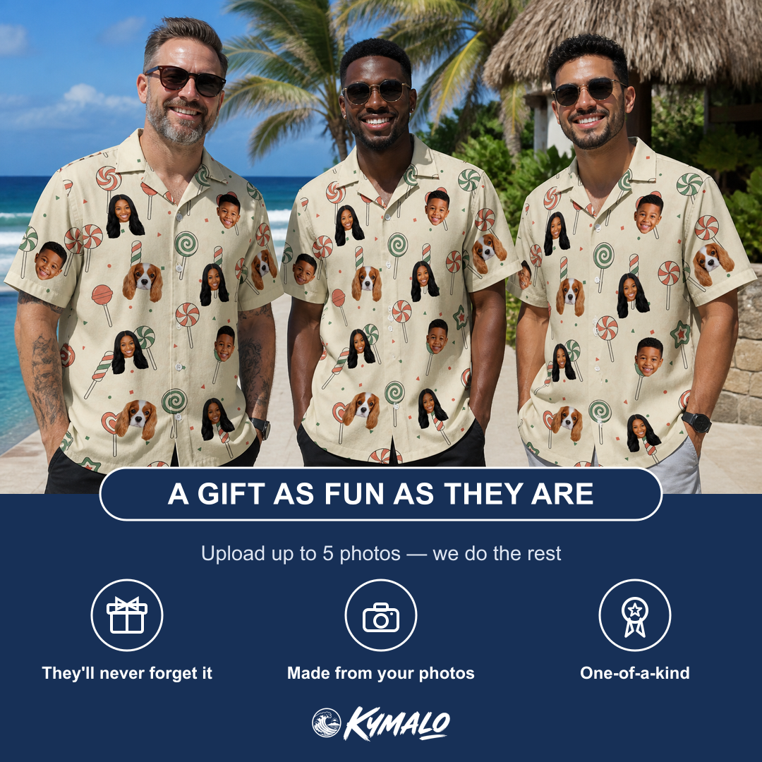 Friends in matching Men's Candy Constellation Custom Face Hawaiian Shirt — a group gift photo