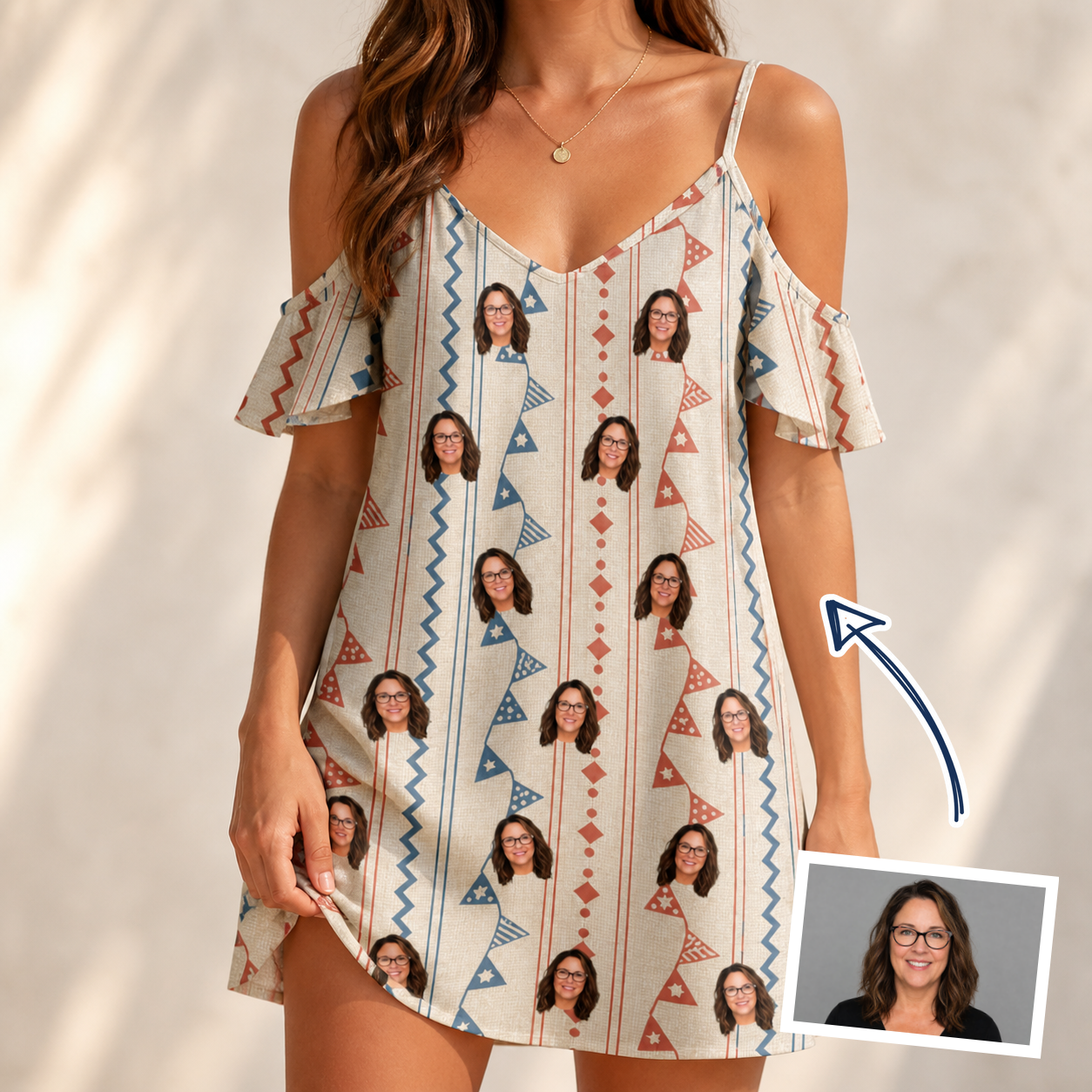 Woman wearing Women's Pennant Parade Custom Face Off-Shoulder Dress — custom faces printed all-over