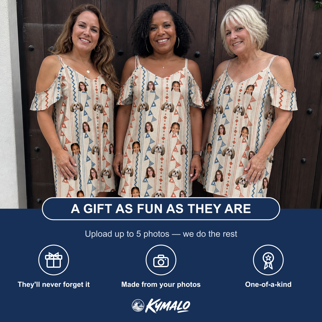 Friends in matching Women's Pennant Parade Custom Face Off-Shoulder Dress — a group gift photo