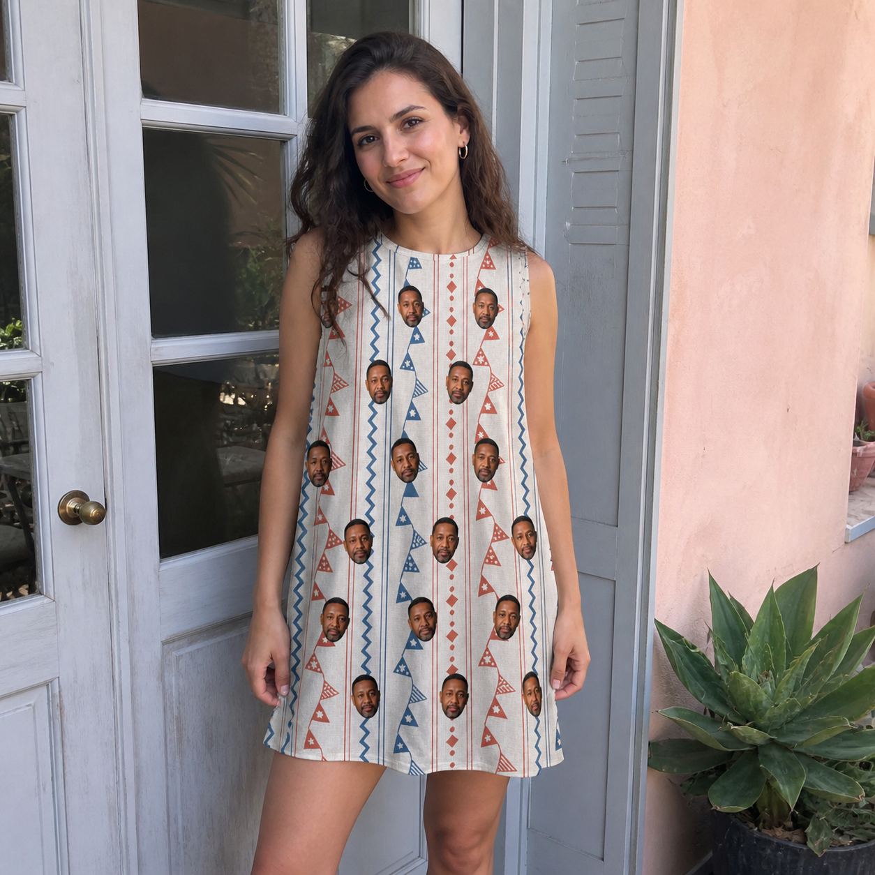 Real-life photo of someone wearing Women's Pennant Parade Custom Face Tank Dress — custom faces printed all-over