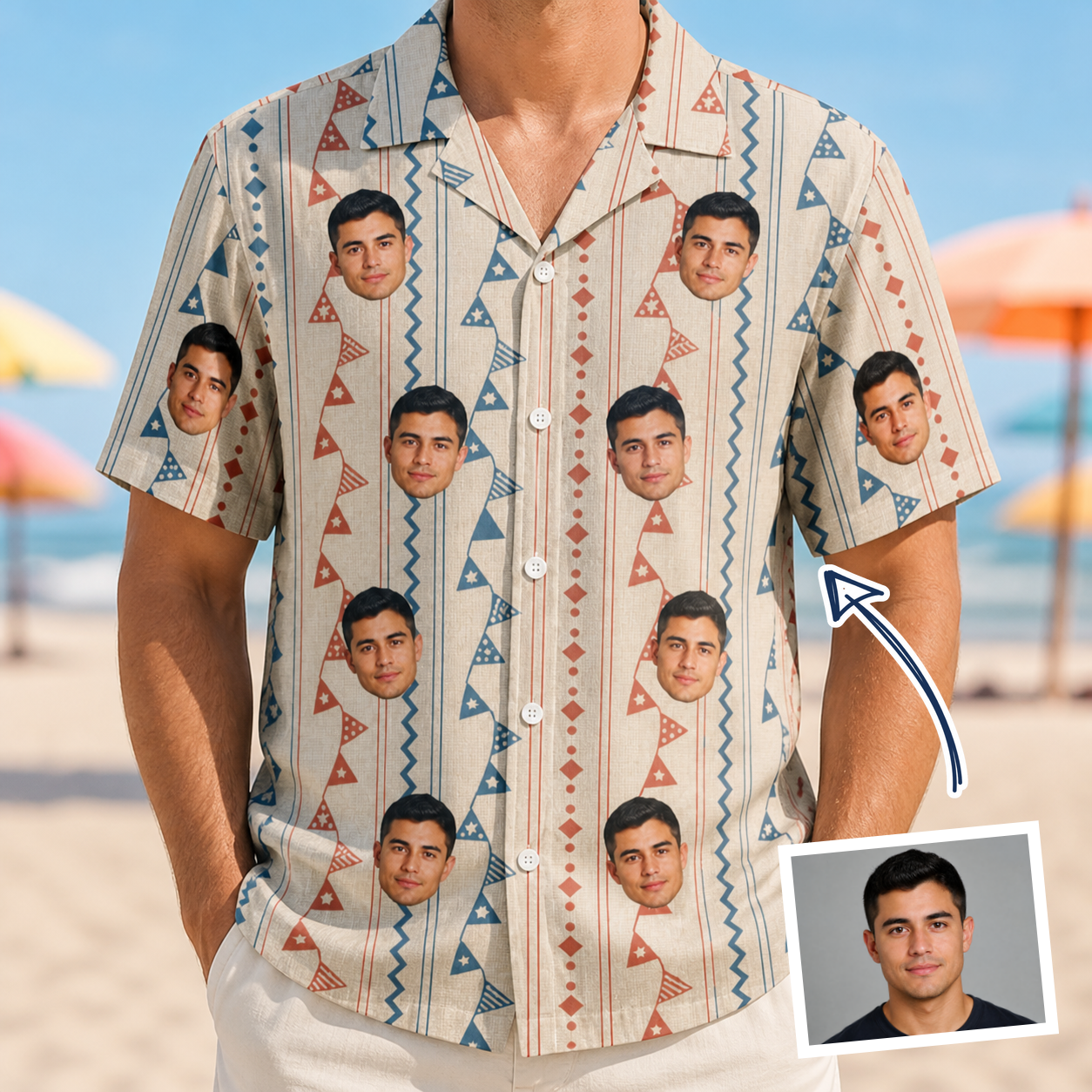 Man wearing Men's Pennant Parade Custom Face Hawaiian Shirt — custom faces printed all-over