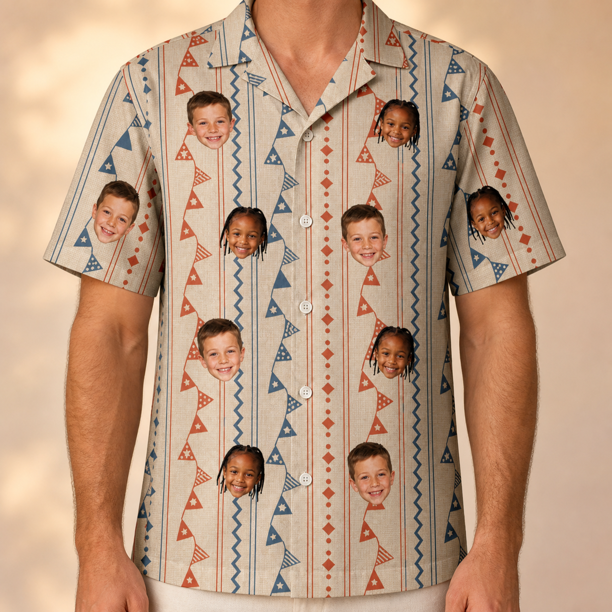 Model wearing Men's Pennant Parade Custom Face Hawaiian Shirt printed with kids' faces