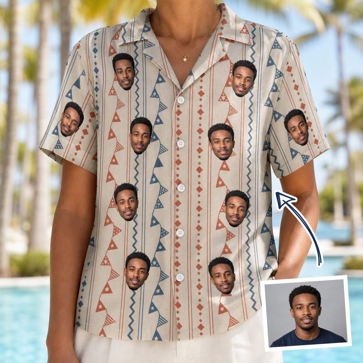 Woman wearing Women's Pennant Parade Custom Face Hawaiian Shirt — custom faces printed all-over