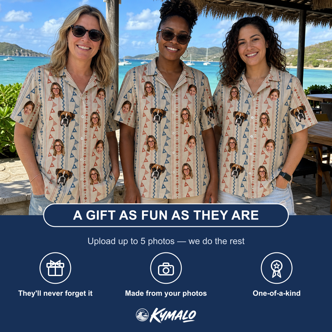 Friends in matching Women's Pennant Parade Custom Face Hawaiian Shirt — a group gift photo