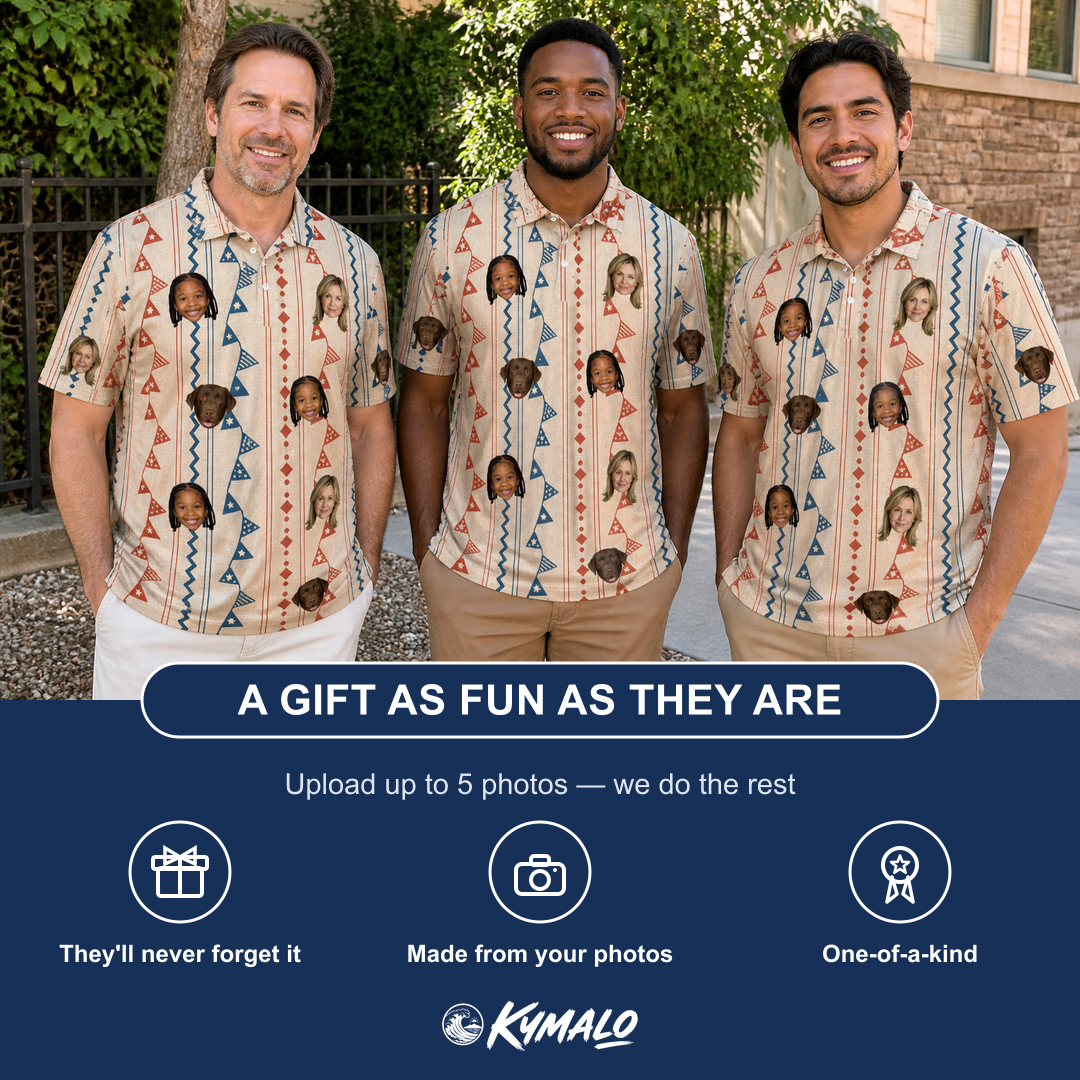 Friends in matching Men's Pennant Parade Custom Face Polo Shirt — a group gift photo