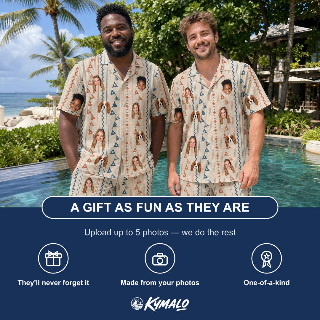 Friends in matching Men's Pennant Parade Custom Face Shirt & Shorts Set — a group gift photo