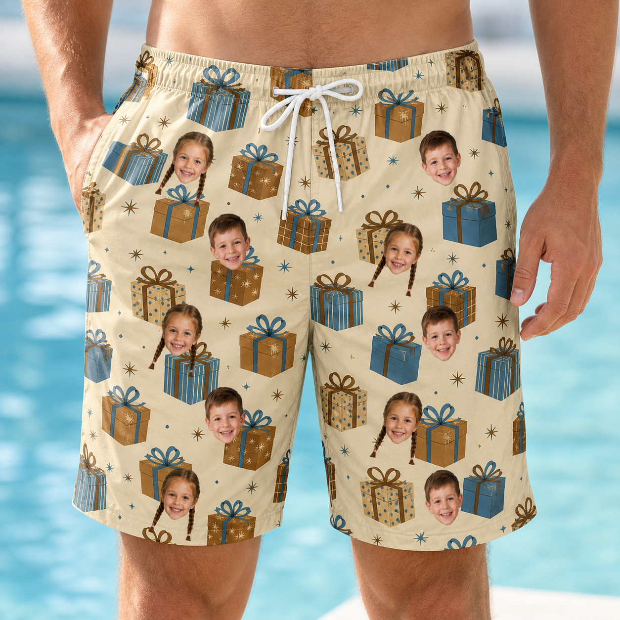 Model wearing Men's Gift Glee Custom Face Beach Shorts printed with kids' faces