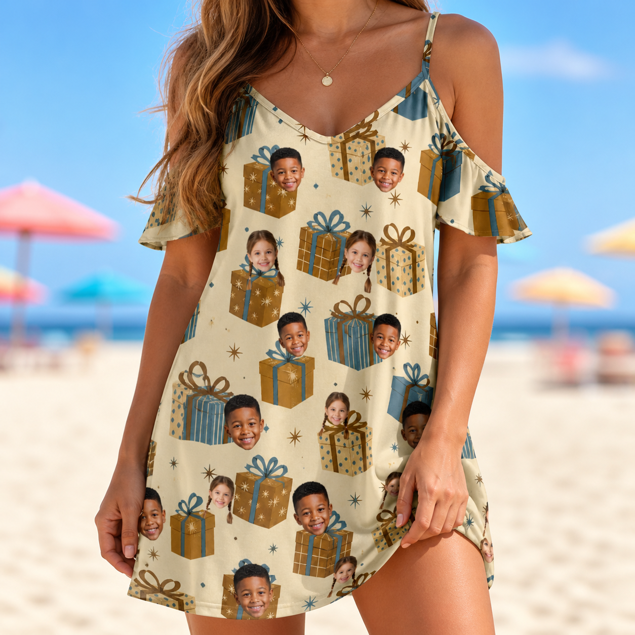 Model wearing Women's Gift Glee Custom Face Off-Shoulder Dress printed with kids' faces