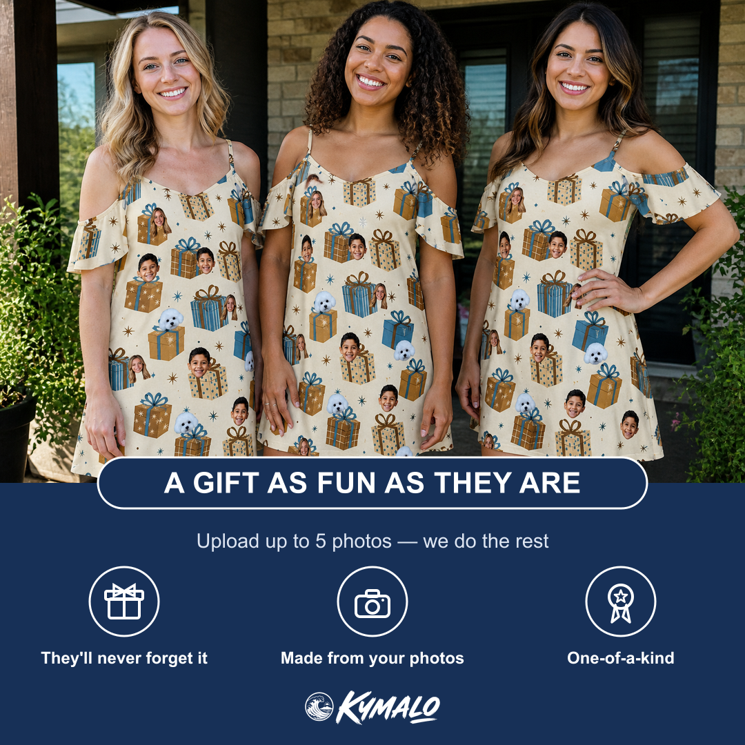 Friends in matching Women's Gift Glee Custom Face Off-Shoulder Dress — a group gift photo