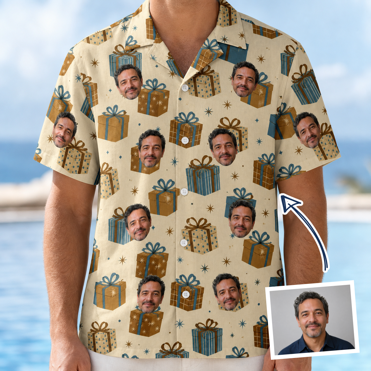 Man wearing Men's Gift Glee Custom Face Hawaiian Shirt — custom faces printed all-over