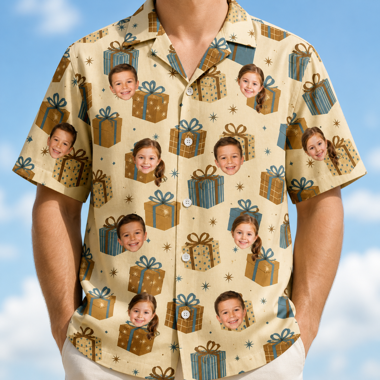 Model wearing Men's Gift Glee Custom Face Hawaiian Shirt printed with kids' faces