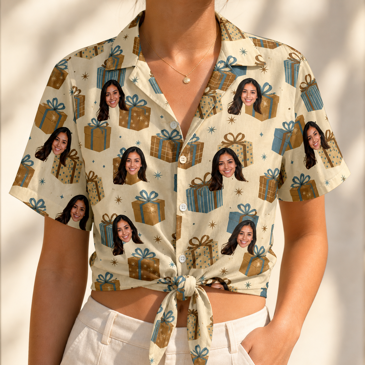 Woman wearing Women's Gift Glee Custom Face Hawaiian Shirt tied at the waist