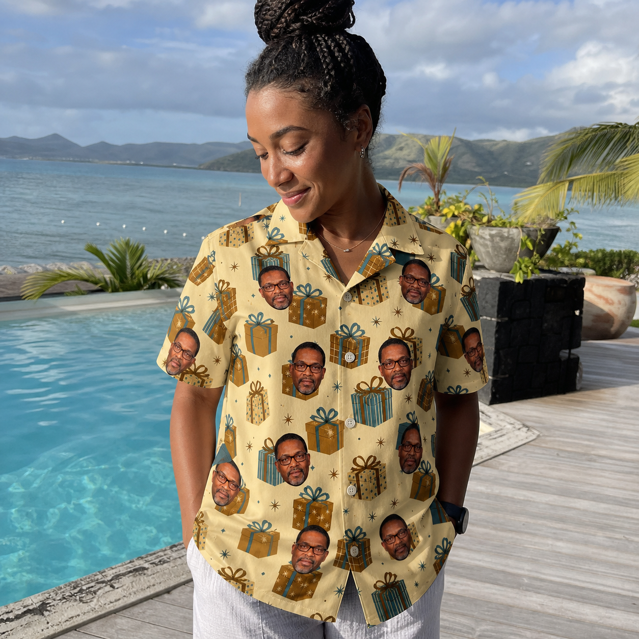 Real-life photo of someone wearing Women's Gift Glee Custom Face Hawaiian Shirt — custom faces printed all-over