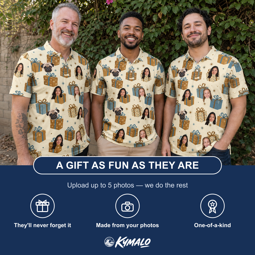 Friends in matching Men's Gift Glee Custom Face Polo Shirt — a group gift photo