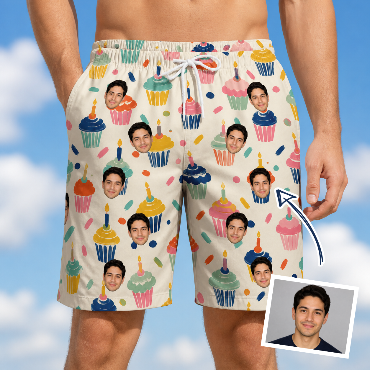 Man wearing Men's Sweet Stackers Custom Face Beach Shorts — custom faces printed all-over