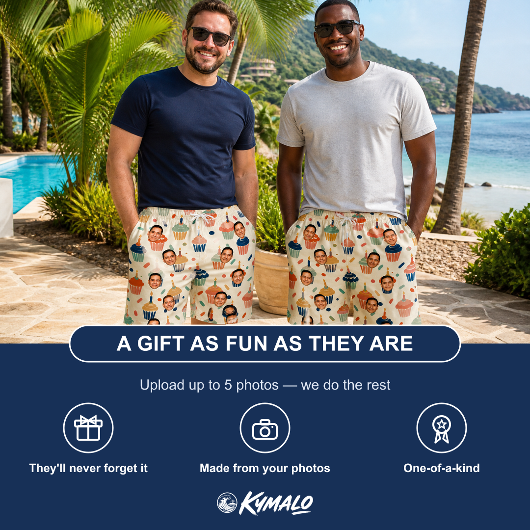 Friends in matching Men's Sweet Stackers Custom Face Beach Shorts — a group gift photo