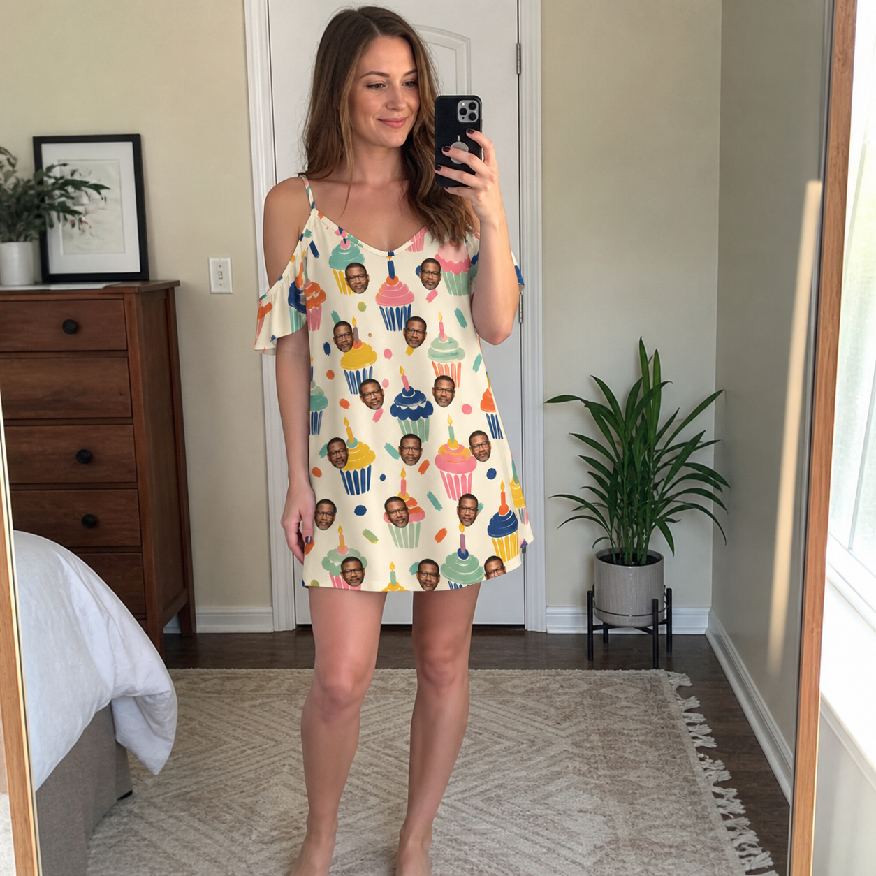 Real-life photo of someone wearing Women's Sweet Stackers Custom Face Off-Shoulder Dress — custom faces printed all-over