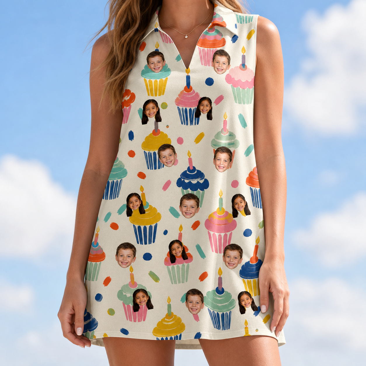 Model wearing Women's Sweet Stackers Custom Face V-Neck Dress printed with kids' faces