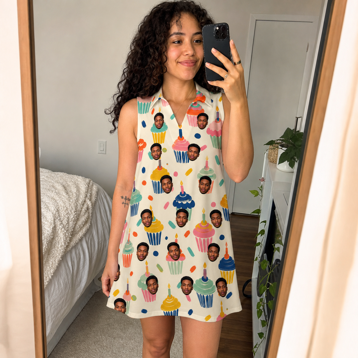 Real-life photo of someone wearing Women's Sweet Stackers Custom Face V-Neck Dress — custom faces printed all-over