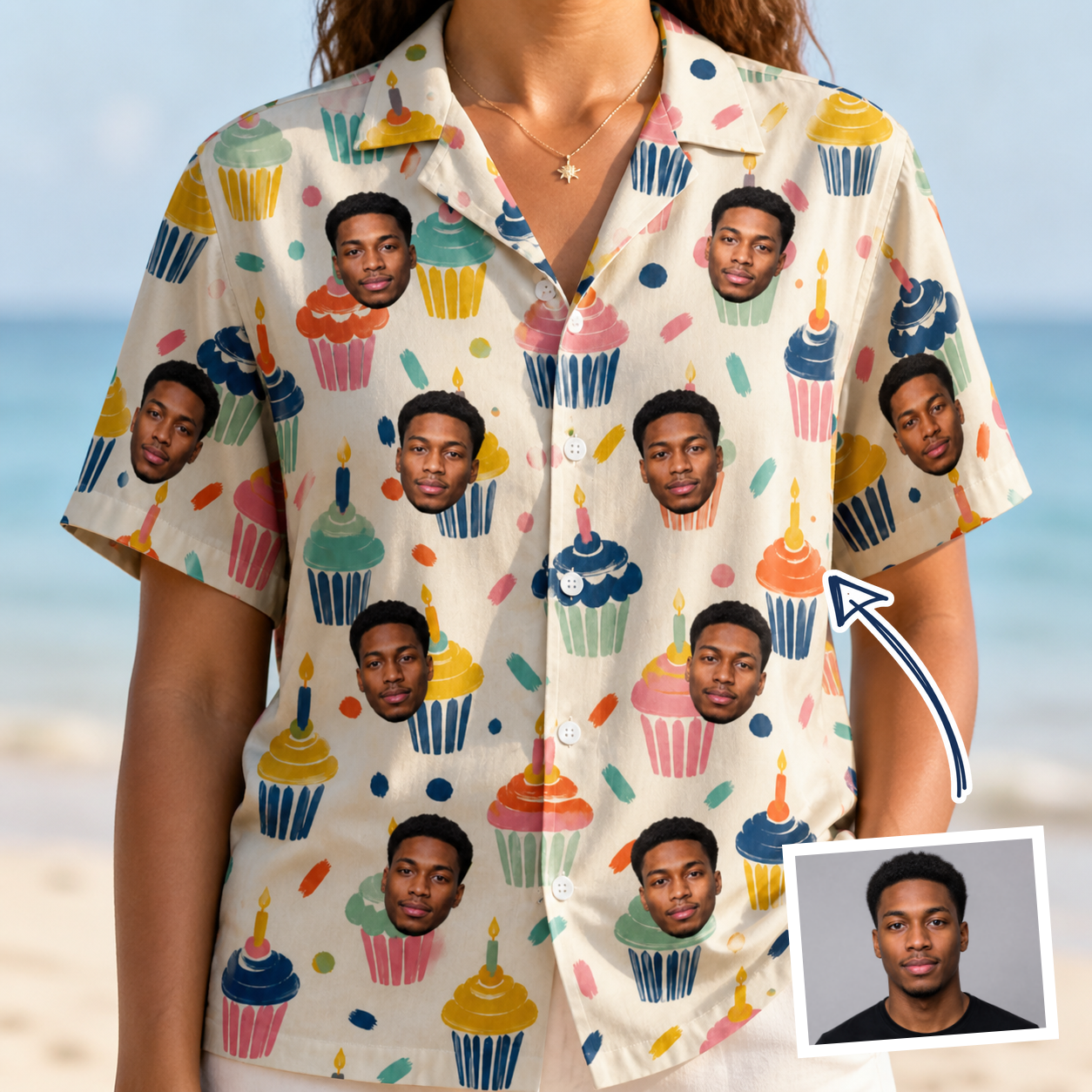Woman wearing Women's Sweet Stackers Custom Face Hawaiian Shirt — custom faces printed all-over